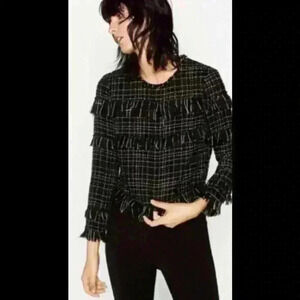 Chic Zara Woman Black Fringe Top - Trendy Plaid Style tweed size M